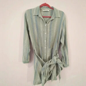 Zara Button-Up Striped Tunic Shirt Dress‎ With Waist Tie Light Green Small